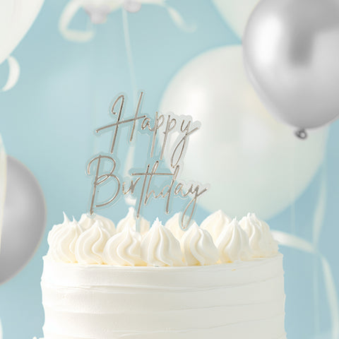 Cake & Candle Acrylic Cake Topper - Happy Birthday Clear / Silver