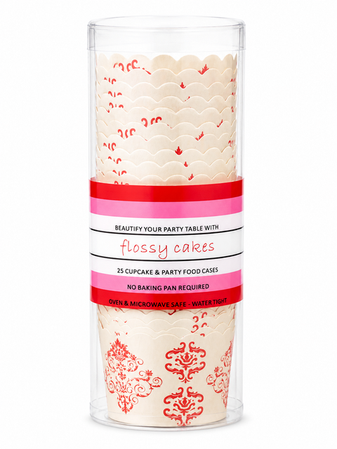Flossy Cakes Red Damask Patty Cases 25 Pack