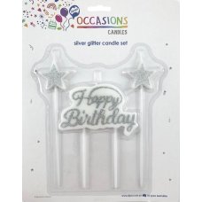 Happy Birthday & Star Candle Silver