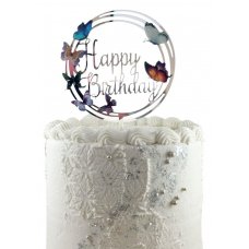 Acrylic - Happy Birthday Topper Silver Butterflies