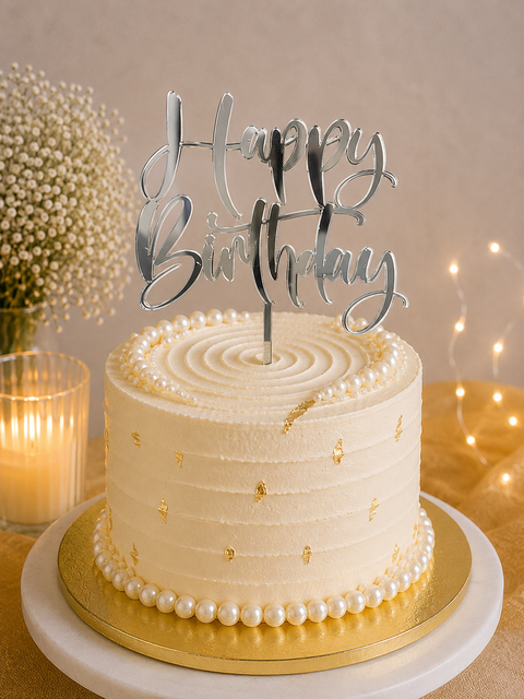 Acrylic Happy Birthday Cake Topper - Silver