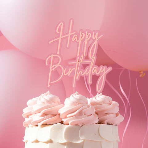 Cake & Candle Acrylic Cake Topper - Happy Birthday Pink Opaque/Pink