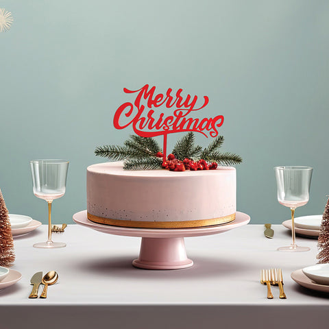 Cake & Candle Acrylic Cake Topper -MERRY CHRISTMAS RED