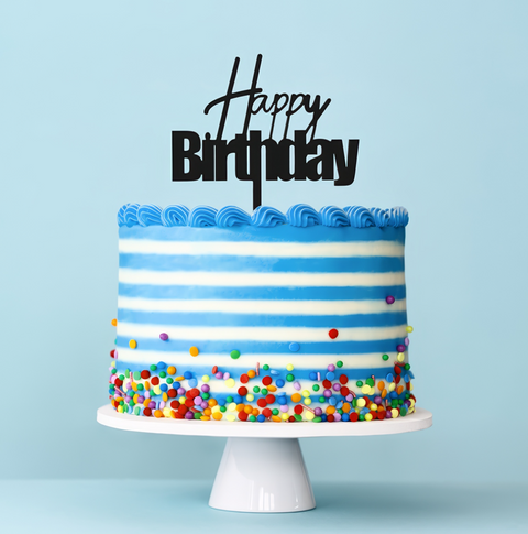 Cake & Candle Acrylic Cake Topper - Happy Birthday Black