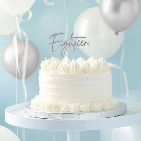 Cake & Candle Acrylic Cake Topper - Silver 'Eighteen'