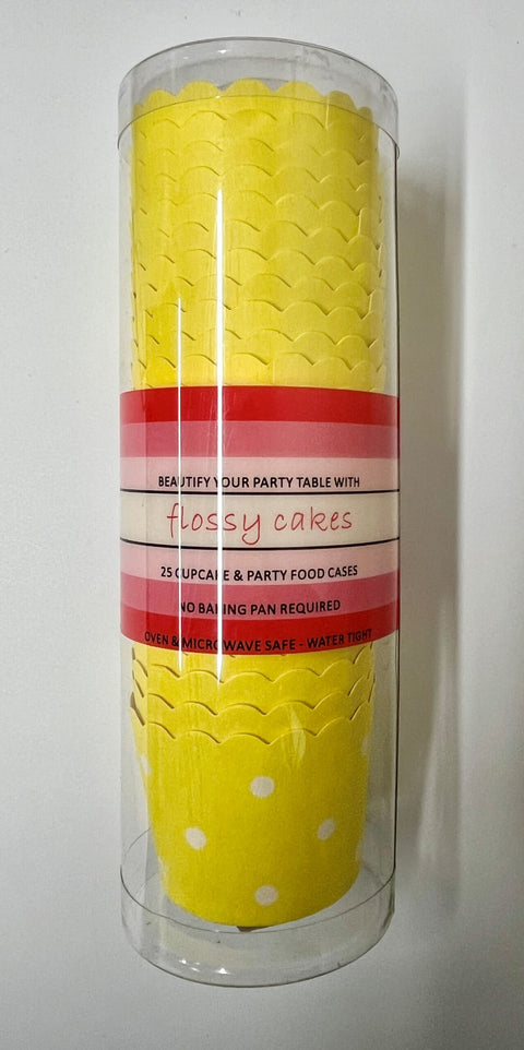 Flossy Cakes Yellow w/ White Polka dots Patty Cases 25 Pack